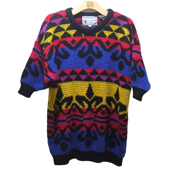 organically grown Sweaters - Organically Grown Knit Sweater Womens L Art Colorful Grandpa Unique Half Sleeve